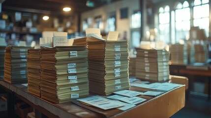 Stacks of election ballots and materials in a well-lit American voting facility emphasizing the election process.