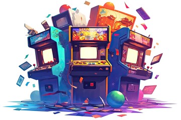 Classic arcade machines in a vibrant gaming space, showcasing retro designs with colorful graphics and playful elements during a lively gaming session
