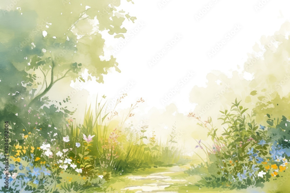Poster a serene landscape featuring a large tree in a lush meadow during a sunny day, surrounded by gentle 