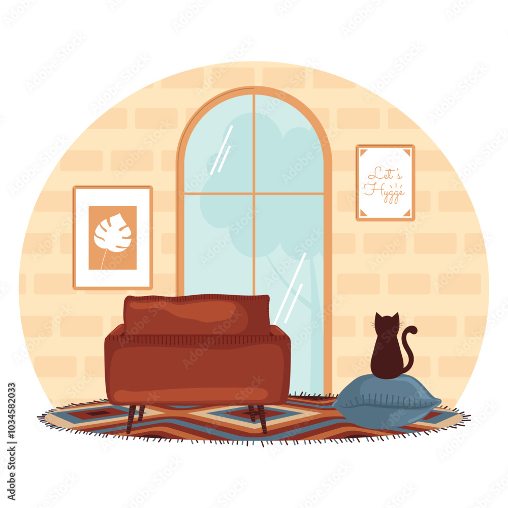 Wall mural living room sofa with cat and large window, vector