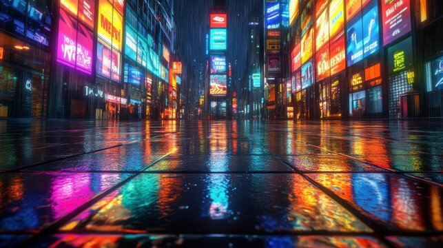 A vibrant urban streetscape drenched in rain, showcasing colorful neon signs and reflections on the wet pavement, illustrating modern city life.