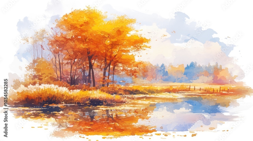 Aufkleber autumn landscape reflecting colorful trees and houses by a serene lake in a tranquil setting during 