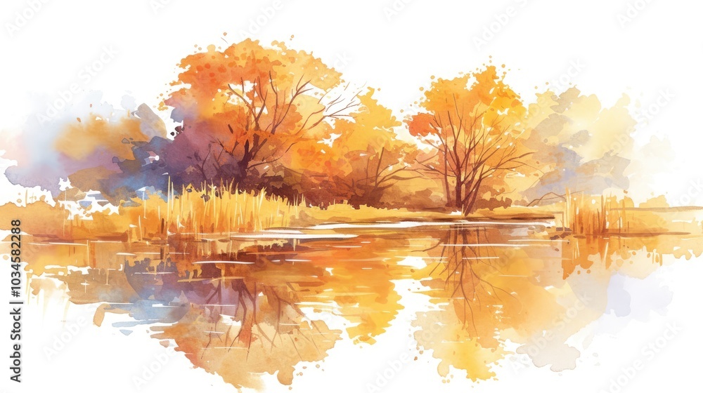 Aufkleber Autumn landscape reflecting colorful trees and houses by a serene lake in a tranquil setting during a bright day