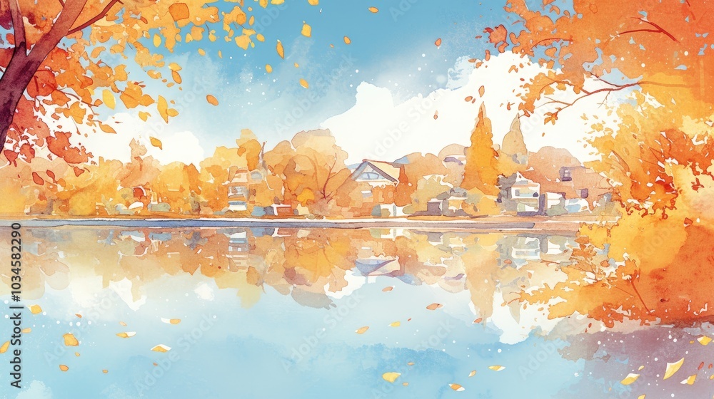 Aufkleber autumn landscape reflecting colorful trees and houses by a serene lake in a tranquil setting during 