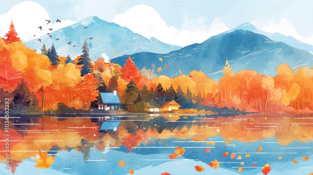 Aufkleber Autumn landscape reflecting colorful trees and houses by a serene lake in a tranquil setting during a bright day