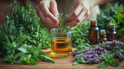 A person expertly selects fresh herbs and adds them to a glass filled with oil, surrounded by various herbs and small bottles, highlighting natural wellness practices.