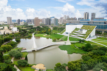 Aerial view of Chintan park, green pond park, in Taoyuan city, Taiwan