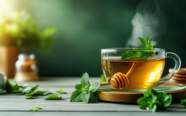 Steaming cup of organic herbal tea with fresh mint leaves and honey, beautifully arranged on a light wooden table, evoking calm and wellness