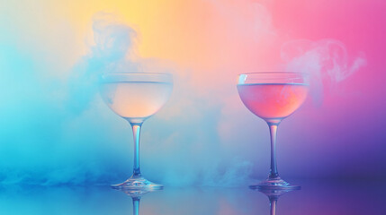 cocktail sits atop a beautifully textured surface, enveloped in wisps of smoke. The interplay of colors and light creates an enchanting atmosphere, inviting indulgence and mystery