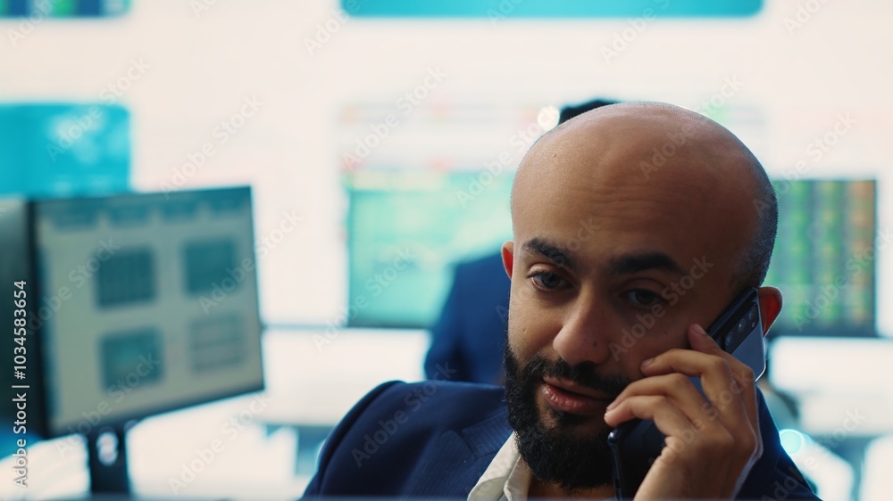 Poster chief executive officer presenting performance metrics numbers to shareholder on phone call, provide