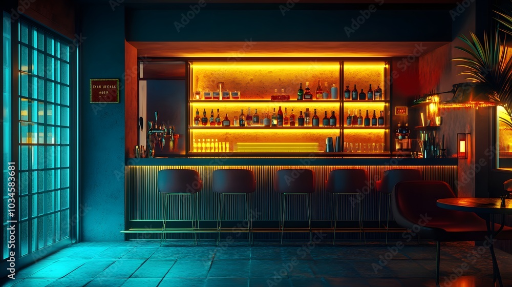 Poster 66. a trendy bar setup with drinks and an empty area for a product