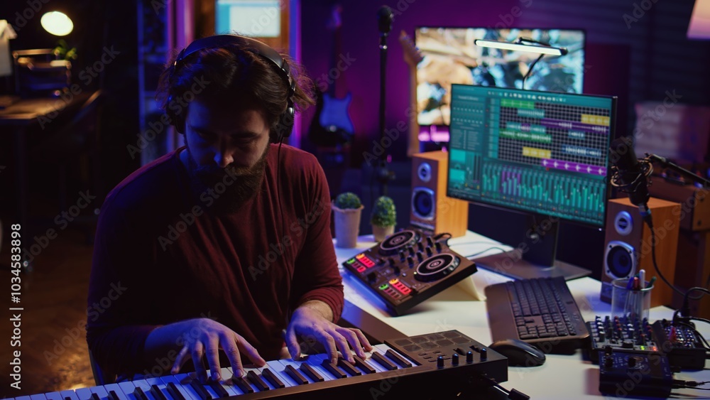 Aufkleber musician producing new high quality piano tunes with daw software, recording a song with equalizer. 