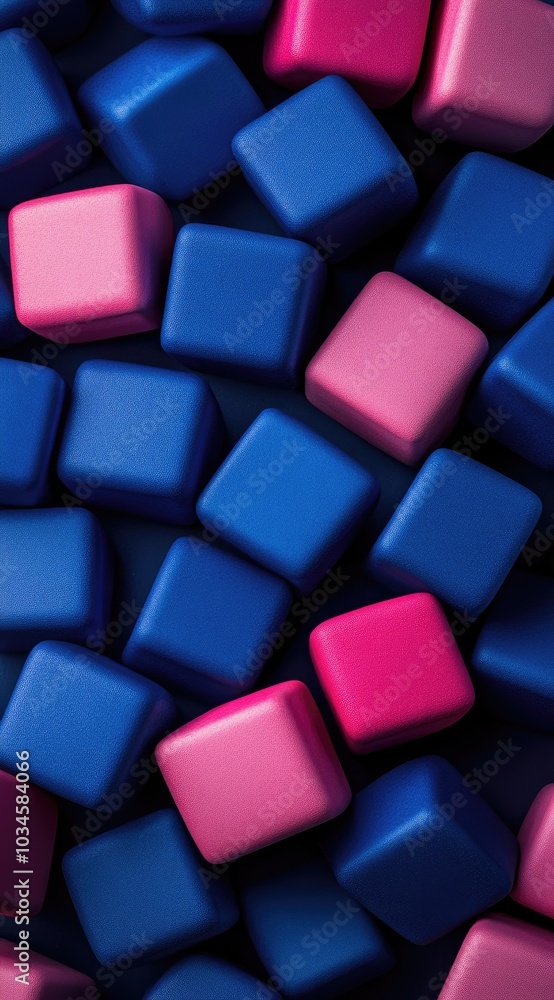 Poster a close-up of colorful square blocks in blue and pink, creating a playful, abstract arrangement.