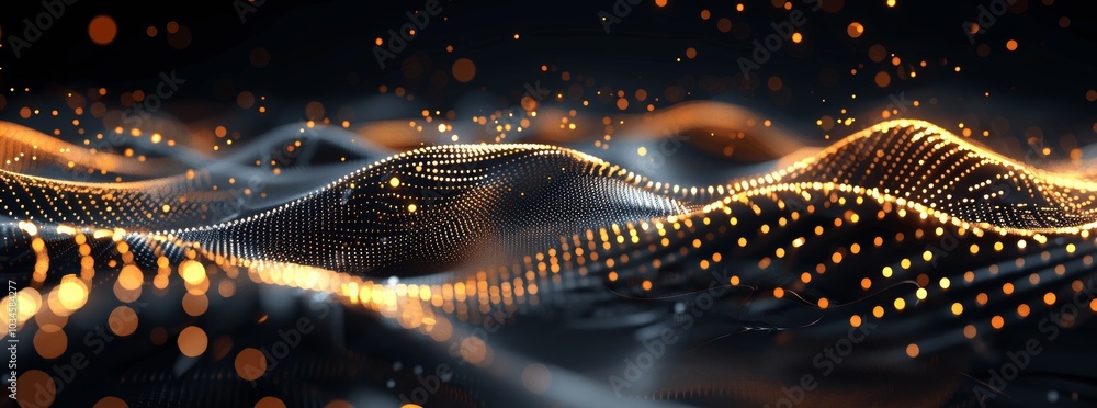 Aufkleber abstract futuristic background with gold wave of dots and lines on black for technological operation
