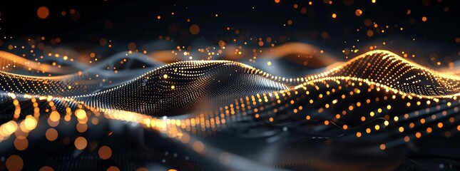 Abstract futuristic background with gold wave of dots and lines on black for technological operations, AI, data transmission, digital archives, scientific research