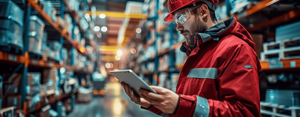 Warehouse Worker Using Tablet for Digital Platform in Factory