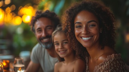 Fototapeta premium A joyful family shares laughter and smiles during a relaxing evening at an outdoor dining table surrounded by vibrant greenery and soft lighting.