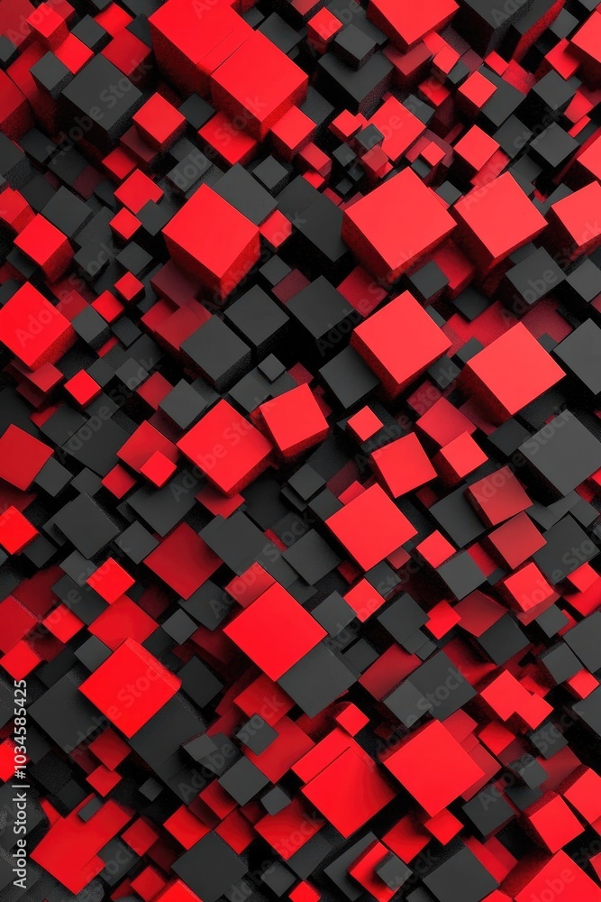 Poster a dynamic arrangement of red and black cubes creating depth and texture.
