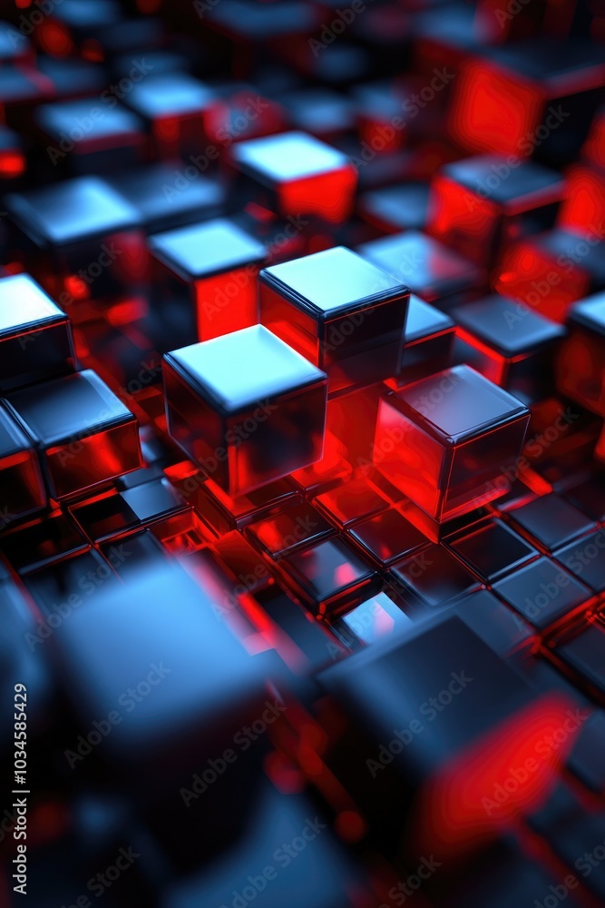 Poster a close-up view of interlocking red and black cubes, creating a visually striking abstract design.