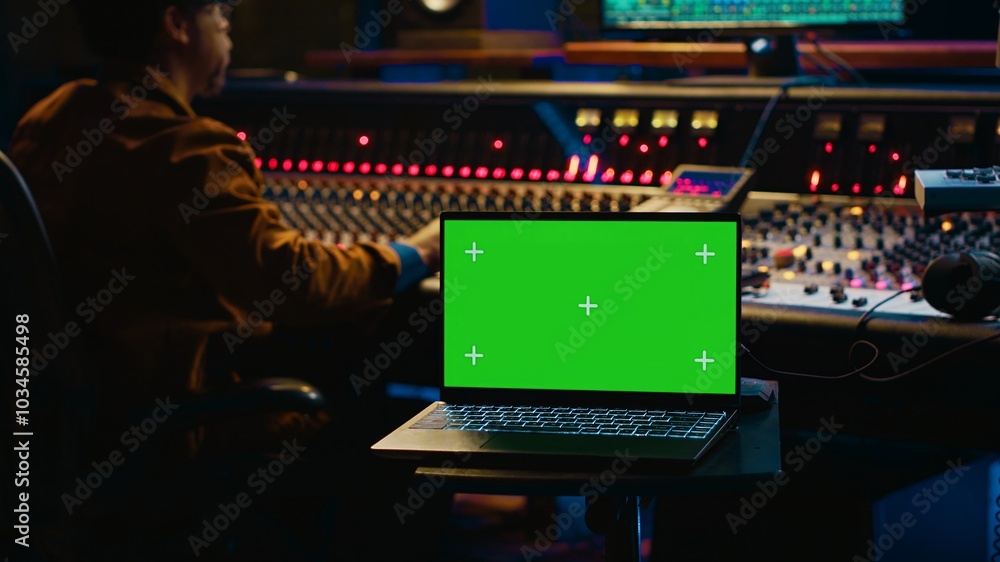 Poster African american artist working with mockup on display in control room, mixing and mastering tracks with audio console and buttons or knobs. Music producer recording and editing sounds. Camera A.