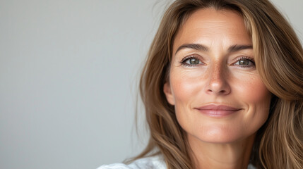 Beautiful middle age natural woman with perfect skin on neutral background with space for text, skincare concept