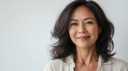 Fototapeta premium Beautiful middle age natural woman with perfect skin on neutral background with space for text, skincare concept