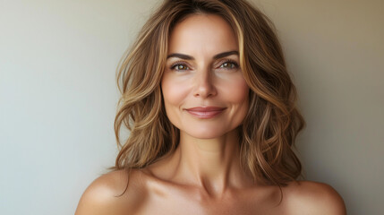 Fototapeta premium Beautiful middle age woman with perfect skin on neutral background with space for text, skincare concept