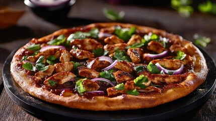 A BBQ chicken pizza with smoky sauce, grilled chicken, red onions, and cilantro, the perfect blend of flavors and textures in a tempting, crispy crust