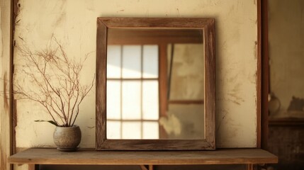 A rustic, antique mirror with a simple wooden frame from a rural Japanese home, reflecting minimalist interiors that exude tranquility and timeless beauty.