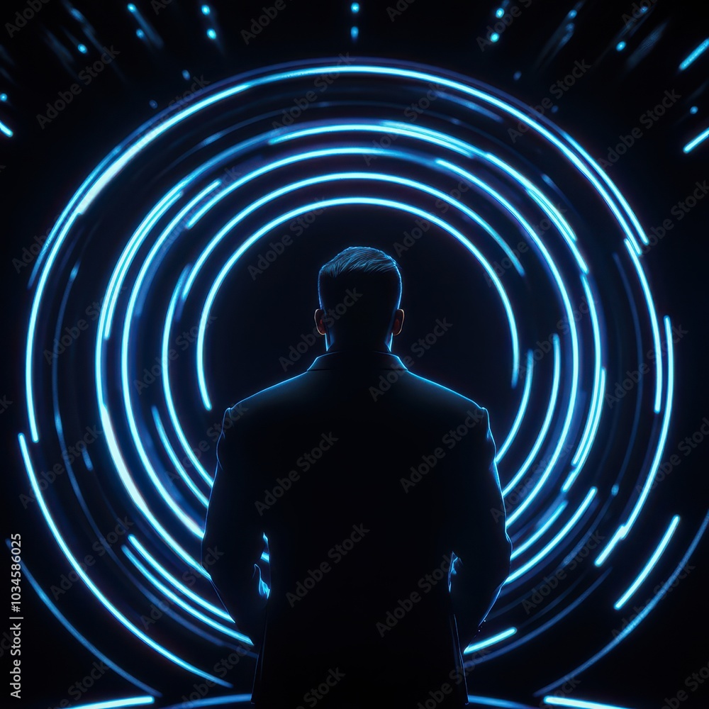 Poster silhouette of a person standing in front of glowing circular patterns against a dark background.