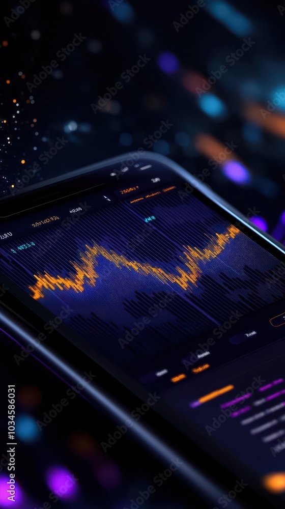 Aufkleber smartphone displaying financial data on a colorful abstract background.