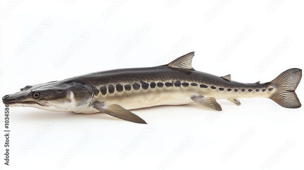 Poster atlantic sturgeon is displayed isolated on a white background highlighting its distinct body shape a