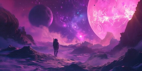 Fototapeta premium Man walking in a surreal alien landscape beneath twin moons, the atmosphere is mysterious and dreamlike, filled with purples and blues, an otherworldly adventure.