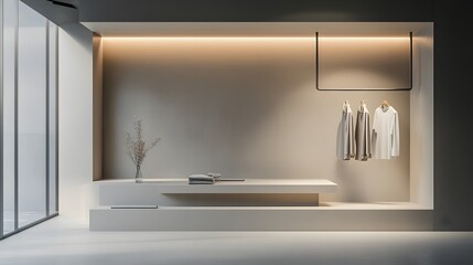 41. A stylish retail display with clothing and an empty area for a product