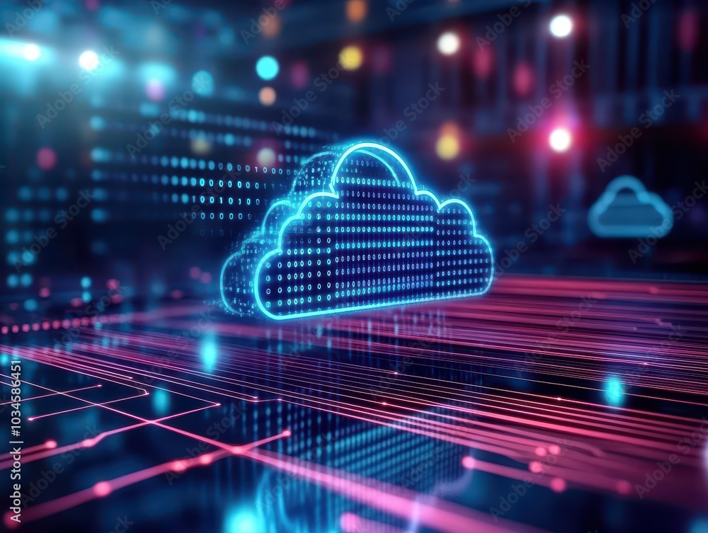Poster futuristic cloud computing concept with glowing digital elements on a dark background.