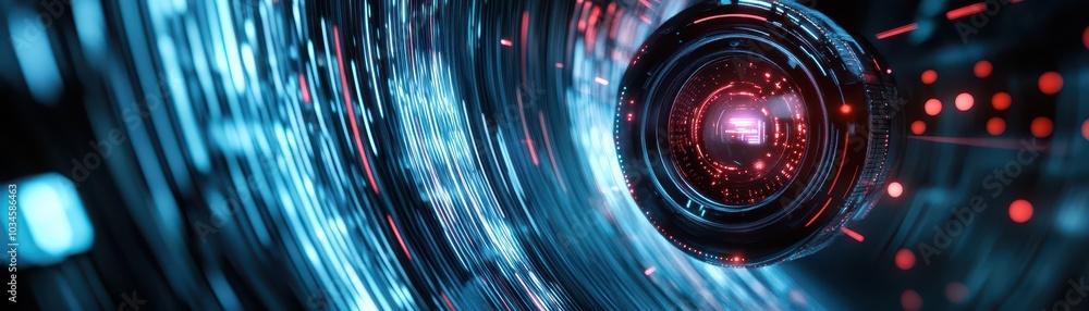 Poster futuristic digital tunnel with abstract light patterns and vibrant colors, showcasing advanced techn