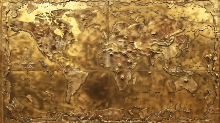 Antique golden world map with textured surface. Vintage cartography artwork depicting continents...