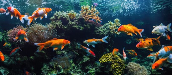 Fototapeta premium Goldfish in lush aquatic environment, vivid scene of nature's balance underwater, diverse ecosystem with shimmering beauty.