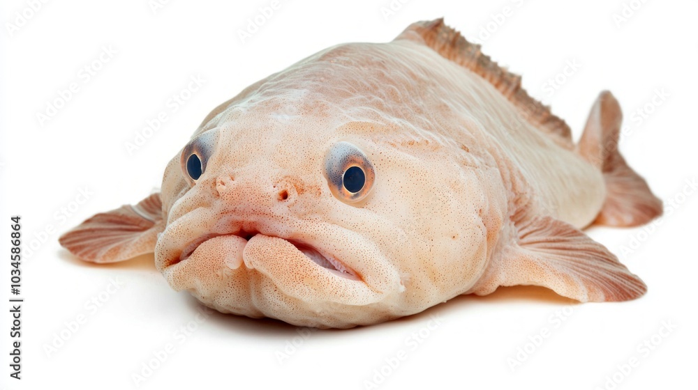 Poster blobfish characterized by its soft gelatinous body and facial features is displayed against a stark 