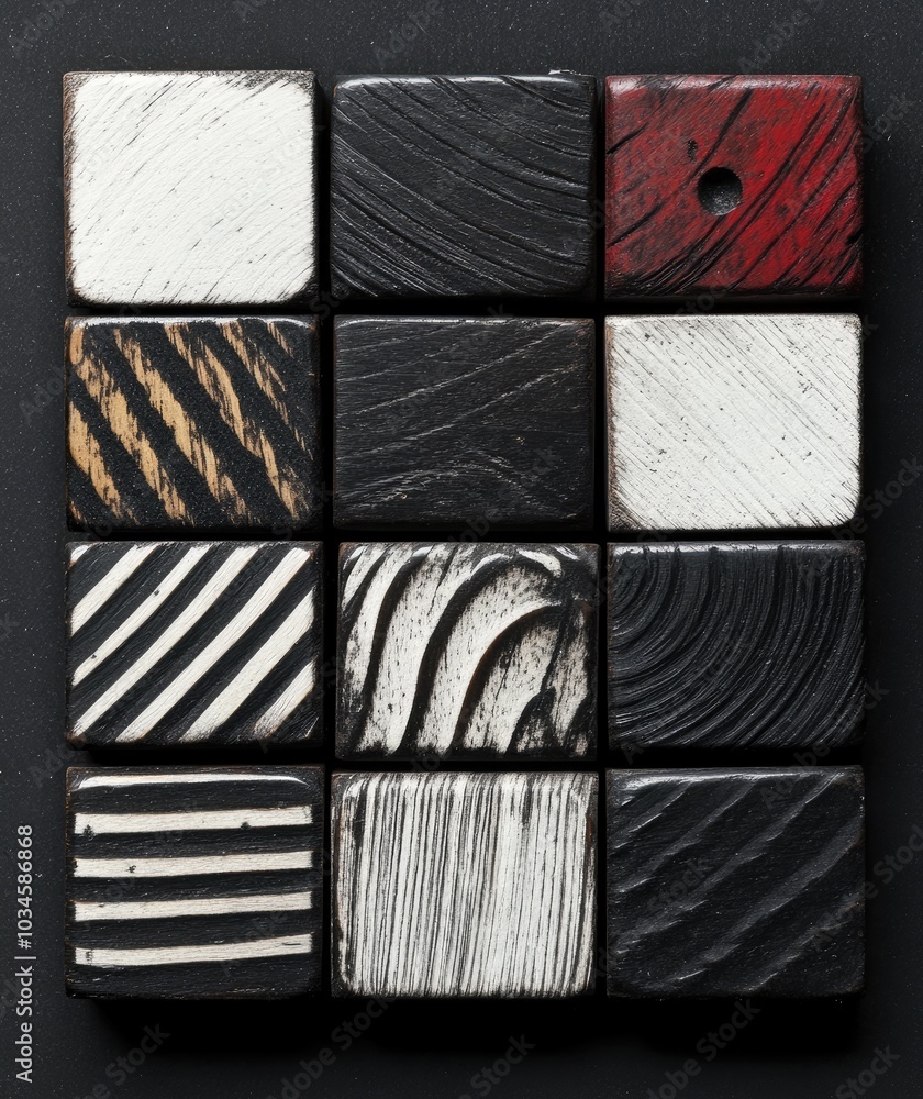 Poster A grid of textured squares in black, white, and red, showcasing various patterns.