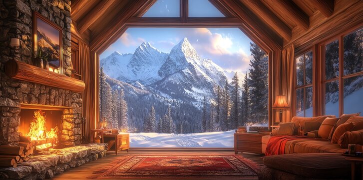 Cozy cabin interior with a fireplace, a couch and a stunning view of snow-capped mountains through a large window.