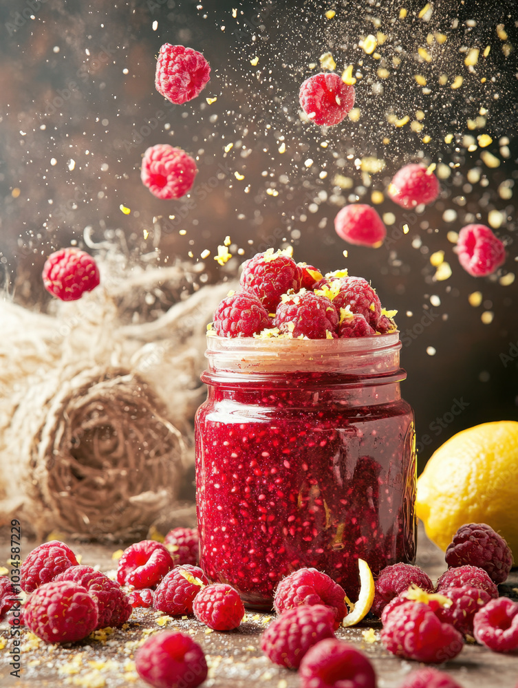 Poster a jar of vibrant raspberry jam is surrounded by fresh raspberries and lemon, with a sprinkle of gold