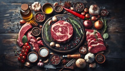 Collage of different type of raw meat with spices