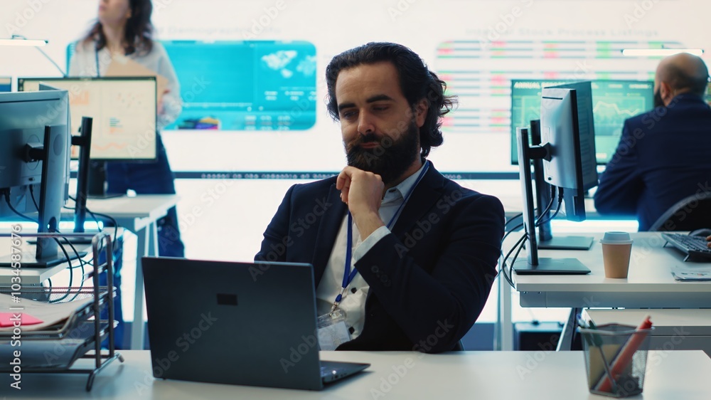 Poster project manager examining key performance metrics to ensure global business success, working with an