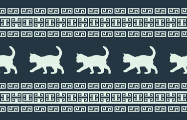 Cat pattern. Seamless. Cream stripes, colorful background. Ethnicity. Floral patterns, printed fabrics, pants, Lanna.	
