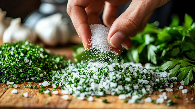 hand sprinkles salt over a dish in a kitchen setting, symbolizing the art of cooking, adding flavor and care, representing precision, creativity, and the importance of small details in life