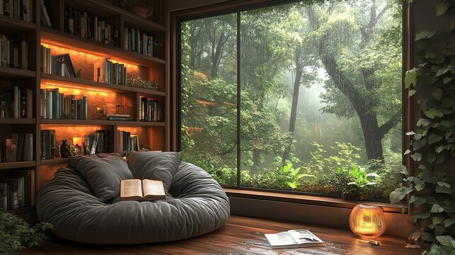 Fototapeta Cozy reading nook with a large window overlooking a lush green forest.
