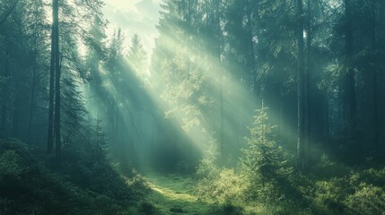 Obraz premium A misty forest with rays of sunlight guiding the way, representing clarity and focus on the path to personal health and achievement