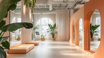 48. A bright fitness studio with mirrors and an unoccupied area for a product