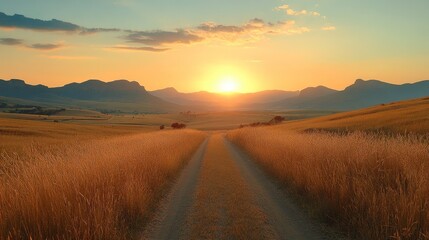 Obraz premium A distant horizon where a sunlit road leads to the mountains, representing the long but rewarding journey to a successful and healthy life